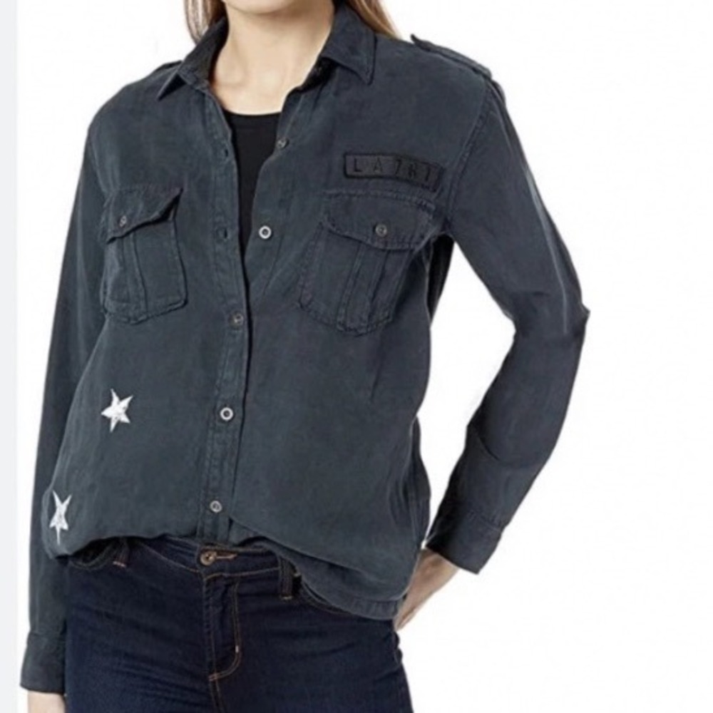 Rails Kato Charcoal Star Print Utility Shirt Military Jacket Tencel Linen XS